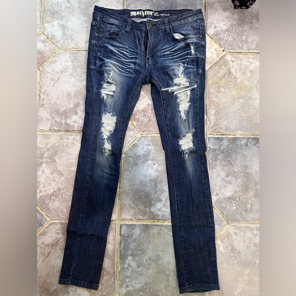 MACHINE Dark Blue Denim Distressed Destroyed Skinny Stretchy Jeans Size 11